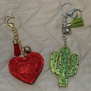 2 NEW bag charms Green Cactus w/silver Keychain and Red sparkly heart